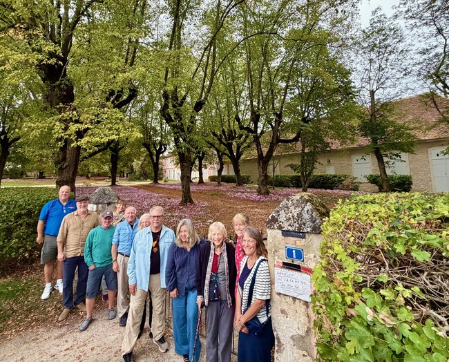 Family among cyclamen at Château de Sainte-Palaye