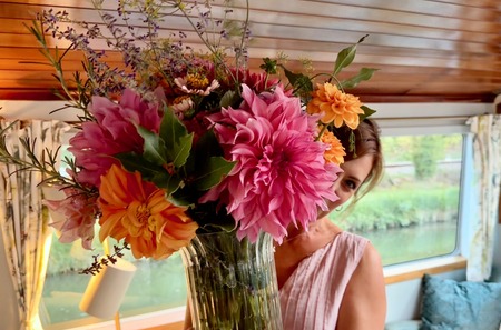 Sarah’s colourful dahlias aboard the Luciole